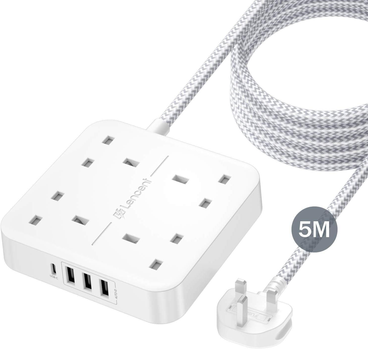 LENCENT 5M Extension Lead with USB C Port (3250W 13A), 4 Way Outlets Power Strip with 1 USB-C and 3 USB Slots