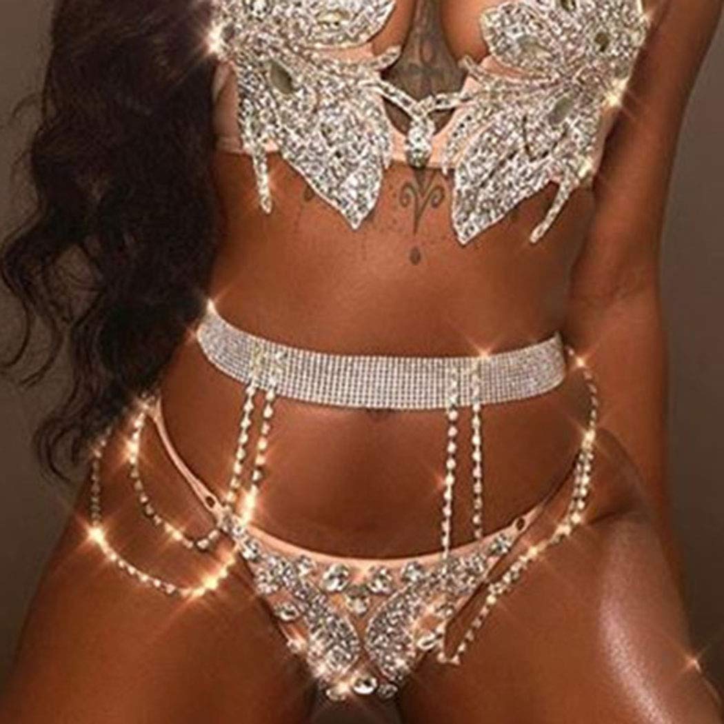 Sethexy Boho Rhinestone Waist Chain Black Shining Tassel Body Chains Nightclub Body Accessories Jewelry for Women and Girls