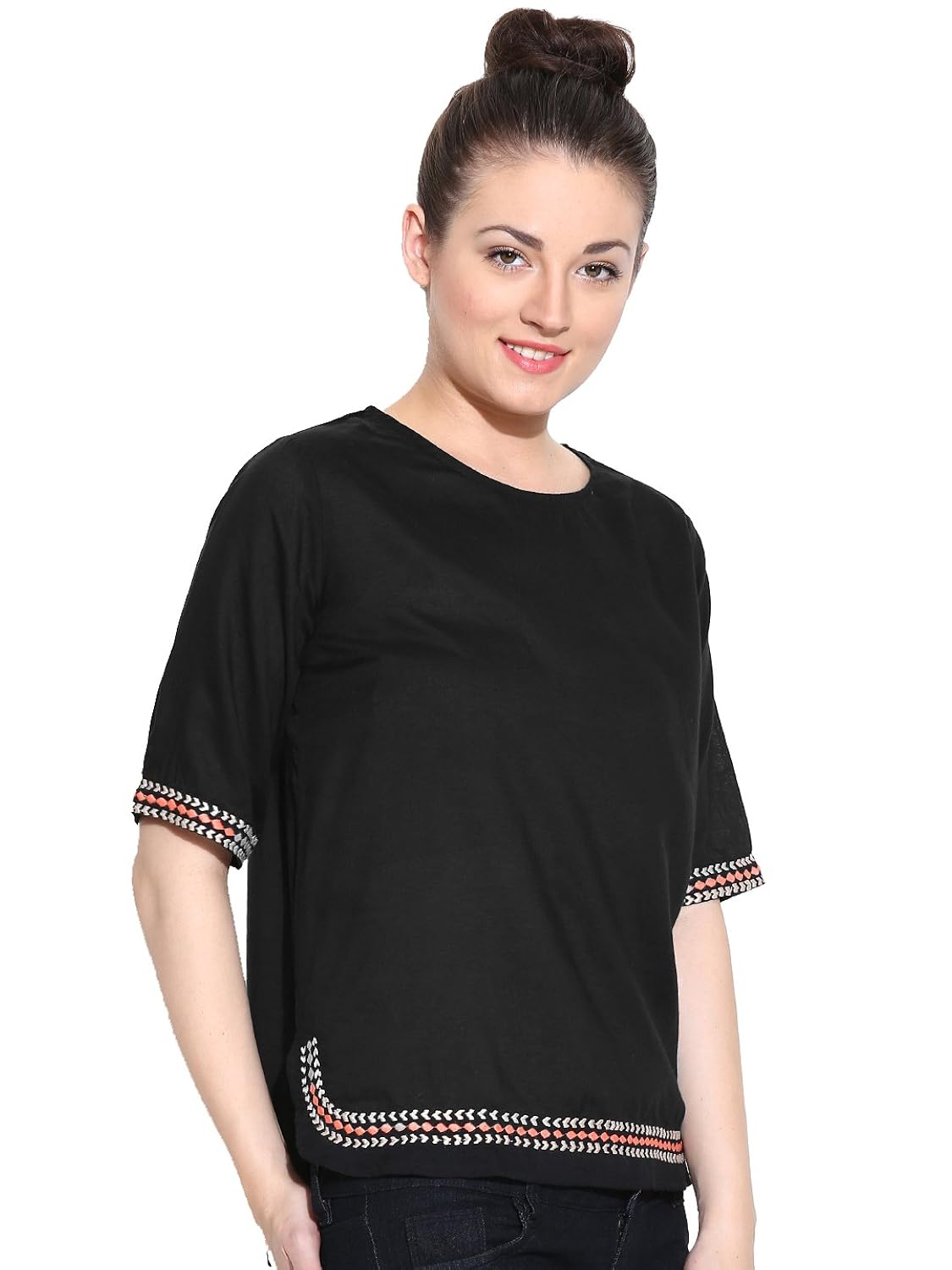 amayra women's rayon black solid embroidered top