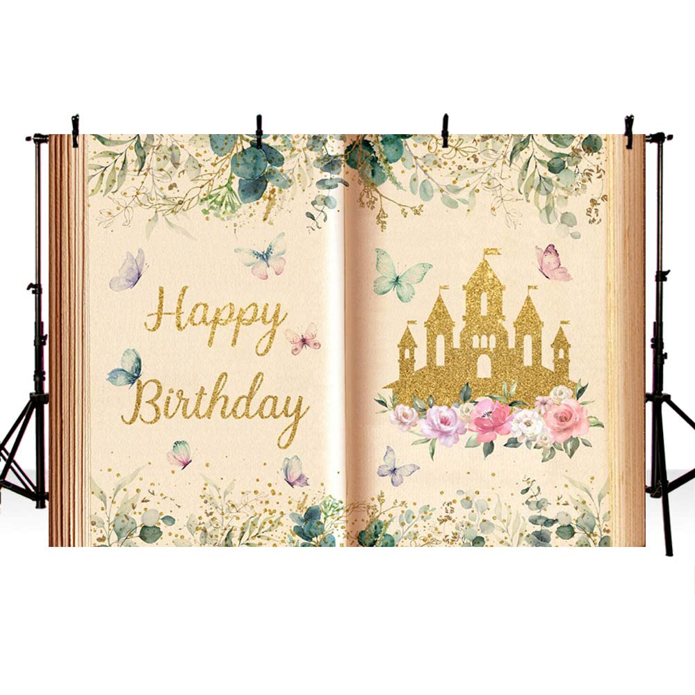 MEHOFOND 7x5ft Fairy Tale Books Backdrop Once Upon a Time Ancient Castle Princess Romantic Story Book Photo Decorations Gold and Green Leaves Wedding Birthday Party Background Banner Studio Props