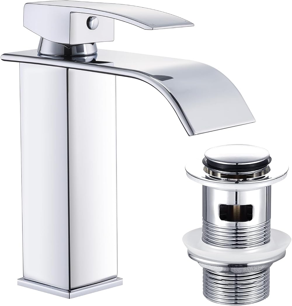 Wasserrhythm Waterfall Basin Tap Chrome Brass Mixer with Pop Up Waste Square UK