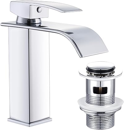 Wasserrhythm Waterfall Basin Tap Chrome Brass Mixer with Pop Up Waste Square UK