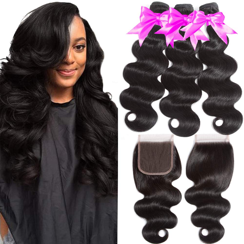 Flady Hair Brazilian Virgin Human Hair 3 Bundles With Lace Closure