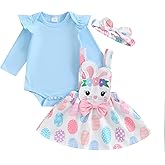 Gueuusu Baby Girl Easter Clothes Ruffle Long Sleeve Romper Bunny/Easter Eggs Print Overall Skirt Dress Cute Newborn Outfit