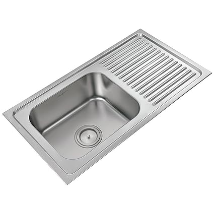 Anupam Stainless Steel Kitchen Sink 209A (915 x 510 x 200 mm / 36 x 20 x 8 inch) Single Square Bowl with Drain Board 304 Grade, Satin/Matt Finish