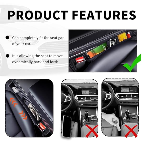 2PCS NEW CAR SEAT GAP FILLER WITH 2 STORAGE AREAS,STYLISH CAR SEAT GAP STORAGE FOR STABILIZING PHONE,KEYS WALLET,UNIVERSAL CAR SEAT GAP FILLER ORGANIZER INTERIOR ACCESSORIES (CARBON BLACK)