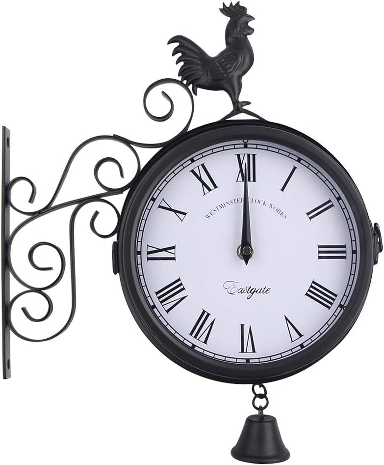 OUNONA Outdoor Wrought Iron Wall Clock Garden Creative Fashion Double-Sided Cock Bell Shape Wall Hanging Clock Without Battery (Black)