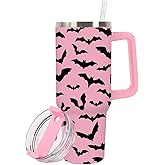 JarThenaAMCS Halloween Tumbler with Lid and Straw 40oz Pink Black Bat Tumbler with Handle Spooky Stainless Steel Cup for Home Office Travel