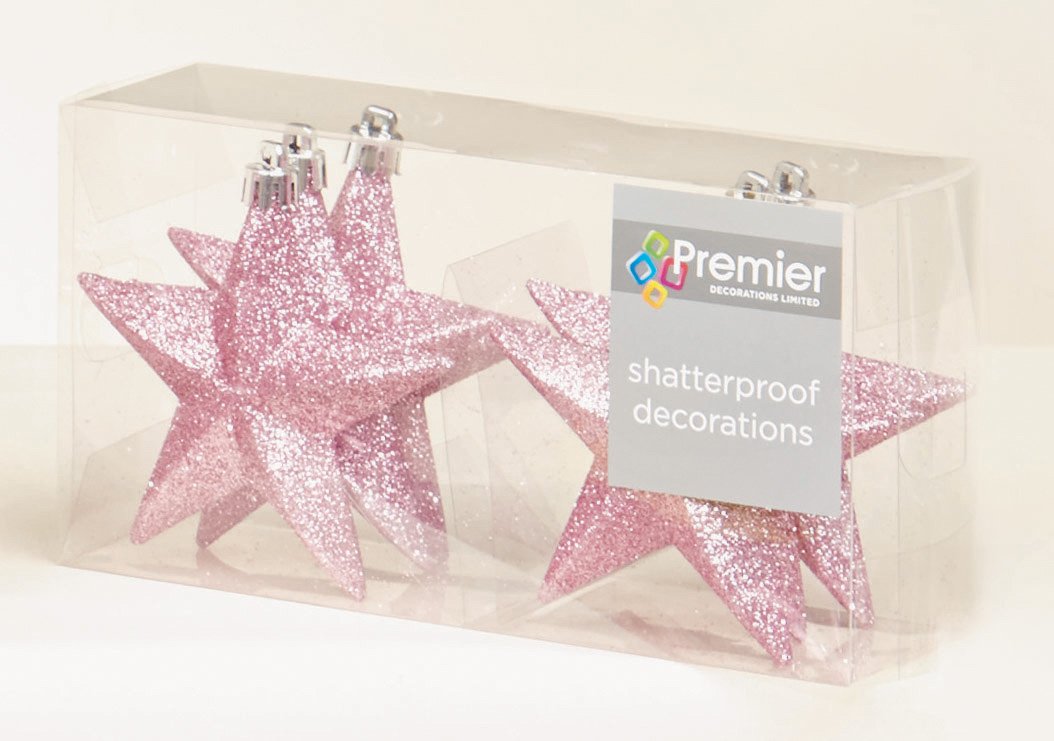 6 x Dusky Pink Glitter Star Christmas tree Bauble decorations 10cm