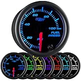 GlowShift Black 7 Color 100 PSI Fuel Pressure Gauge Kit - Includes 1/8-27 NPT Electronic Sensor & Wiring - Multi-Color Displa