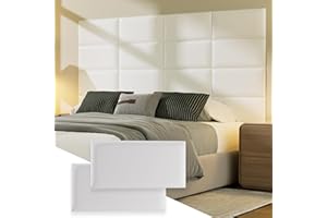 Elvone Upholstered Headboard Panels, 12 Panels Sized 7.8" x 15.7" Peel and Stick Padded Wall Panels for Kids, 3D Anti-Collision Wall Mounted Bed headboard for Full, White