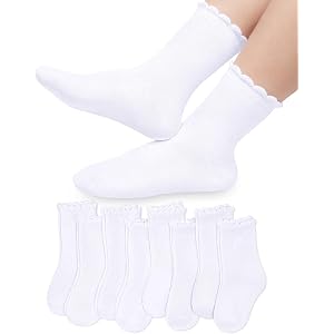 Justay 8 Pairs White Ruffle Socks for Girls, Cotton Frilly Kids Socks | Dress, Cute, Crew, School, Uniform, 3-12 Years, Soft,