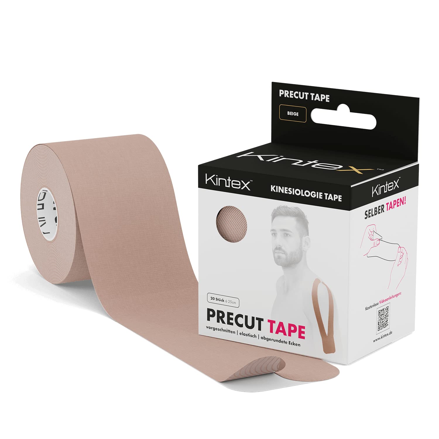 Kintex Pre Cut Kinesiology Tape Precut 20 Strips (I or Y) 25 cm x 5 cm per roll, beige, Universal Size