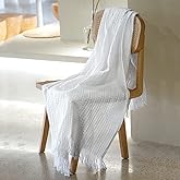 100% Cotton Waffle Blanket with Fringe, Pre-Washed Waffle Weave Blanket for All Season, Lightweight Breathable Soft Cozy Throw Blanket for Couch, Bed, Travel (White - 66x90 Inches)