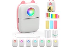 HuiJuKeJi Inkless Sticker Printer RGB Light Mini Thermal Printer,10 Rolls Thermal Paper,Color Pen for iOS&Android,Bluetooth Pocket Printer Portable Receipt Printer for Photo Journal Notes Memo-White