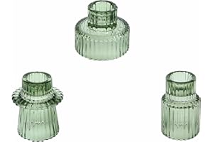 Ni-JASW Green Ribbed Glass Taper Candle Holders, Candlestick Tea Votive Candle Holders for Table Centerpiece Wedding Decor, Set of 3