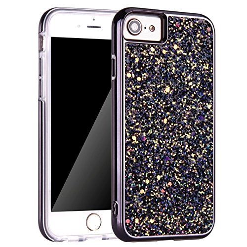 iPhone 7 Case, [iPhone 7 Screen Protector] Bling Sparkly Glitter Shockproof Dual Layer Design [Hard PC Back, Soft TPU Inner] Protective Cover with Lanyard for iPhone 7/6S/6 4.7 Inch (Black)