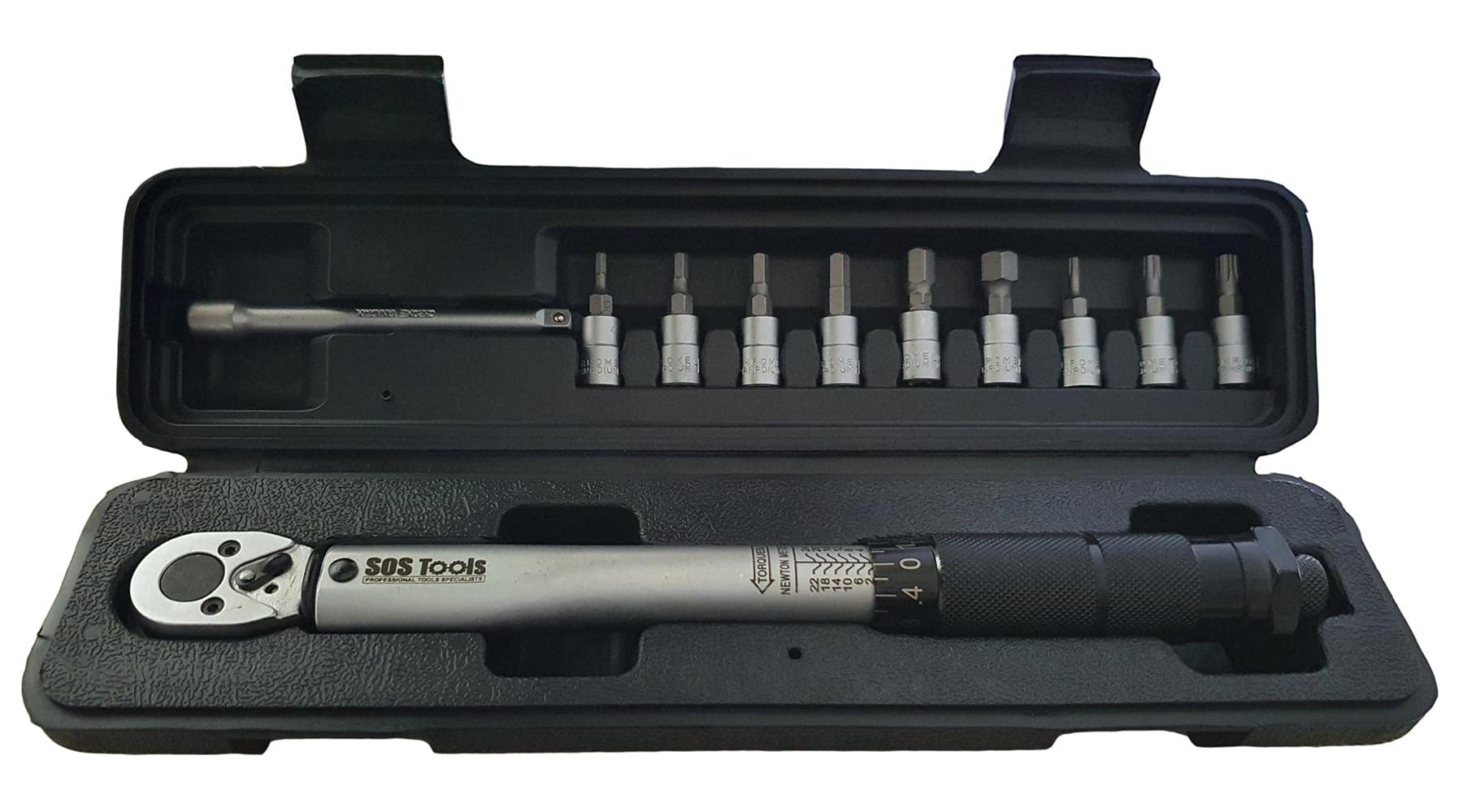 SOS Tools S1004-1/4' Square Drive Torque Wrench Micrometer 2-24Nm/18-212in./lb. With Bits & Extension Bar