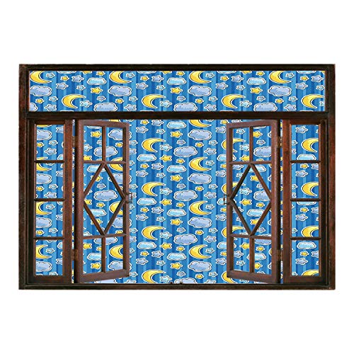 SCOCICI Window Mural Wall Sticker/Baby,Abstract Skyline with Stars Clouds and Crescent Moon Vertical Striped Backdrop Doodle,Blue Yellow/Wall Sticker Mural