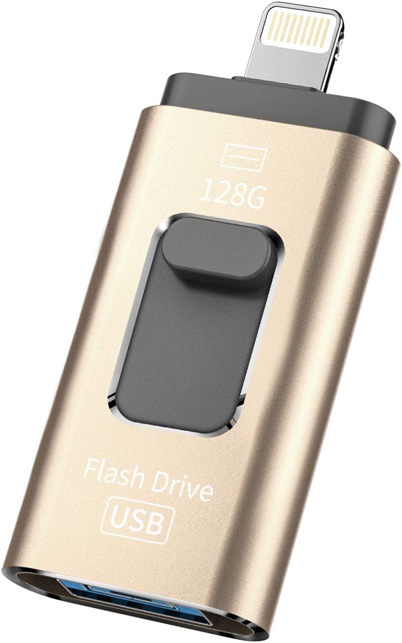 iOS Flash USB Drive 128GB iPhone Memory Stick 128GB Jump Drive Thumb Drive 3.0 Flash Drive Compatible for iPhone/iPad/PC/Android Password/Touch ID Protected Flash Drive for iOS/iPhone(128GB-Gold-1)