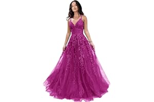 CHICBRIDAL Tulle Prom Dresses for Women 2024 Sparkly Lace Appliques Long Ball Gowns with Spaghetti Straps A-Line Evening Dresses