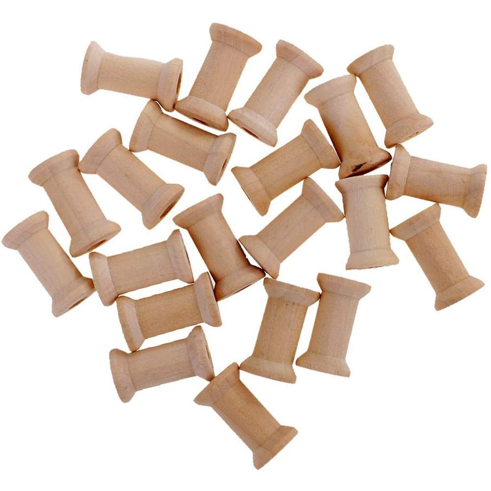 POFET 20pcs 16mm x 27mm Wooden Empty Thread Spools Bobbins for Floss Embroider Sewing Thread Ribbon Fishing Line Organization Natural Wood Color