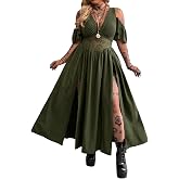 MakeMeChic Women's Plus Size Lace Gothic Maxi Dress Cold Shoulder Dresses | Plus Size Halloween Costumes, Sexy, Rave Rock Concert Outfits, Deep V Neck, Split Hem