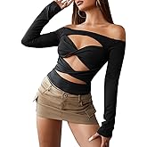 Women Black Cutout Top Shirt Long Sleeve Ruched Bodycon Crop Top Hollow Out Halter Blouse Pullover Streetwear