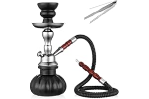 HOOWA Hookah Set, 11'' Shisha Hookah Complete Set With Mini Pumpkin Hookah Glass Vase, Ceramic Bowl, Wooden Handle Hose, Coal Tong (black)