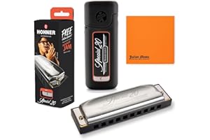 Hohner Special 20 Harmonica, 10 Holes Major C Bundle with Hard Case, Mini Harmonica Necklace and Juliet Music Polishing Cloth