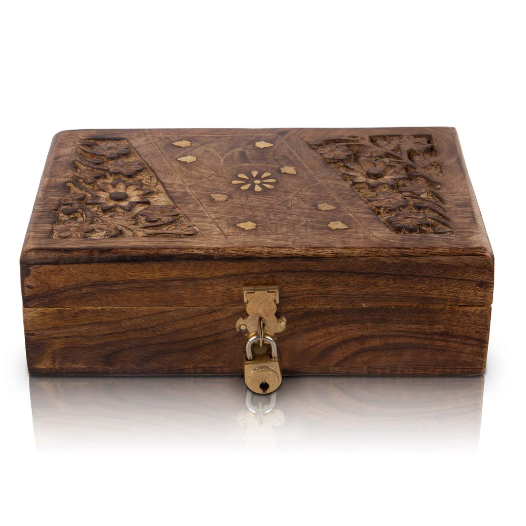 Handmade Decorative Wooden Jewellery Keepsake Box Free Lock & Key Jewellery Organizer Treasure Chest Trinket Holder Watch Lock Box 20.32 x 12.7 cms Great Birthday Home Decor Ideas