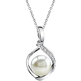The Pearl Source 14k Gold 8-9mm Round White Freshwater Cultured Pearl & Diamond Alexis Pendant Necklace for Women