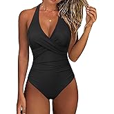 Firpearl Underwire One Piece Swimsuits for Women Halter Twist V Neck Bathing Suits Ruched Tummy Control Swimwear