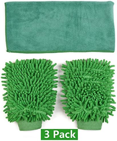 [3 pack] Premium Microfiber Scratch - Free Car Wash Mitt with Large Ultra-soft Highest Density Polishing Cloth - Cleaning Gloves for Car Washing, House Cleaning and Dusting, Wet or Dry Use, Green