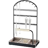 Saydear Multi-Functional Jewelry Holder Organizer Necklace Display Stand Velvet Lined Bar for Rings 2 Tier with 18 Hooks, 32 Earring Holes - Sturdy and Durable, Easy Organization Black