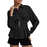 Ardrem Women Long Sleeve Button Down Shirts Double Buckle Cinched Waist Lapel Collar Blouse Pleated Back Peplum Tunic Top