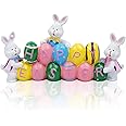 ELEFOCUS Easter Bunny Statue Decoration with Happy Easter and Bunny Eggs Resin Tabletop Decor, Cute Spring Bunny Statue Decor for Easter Home Office Party Decorations