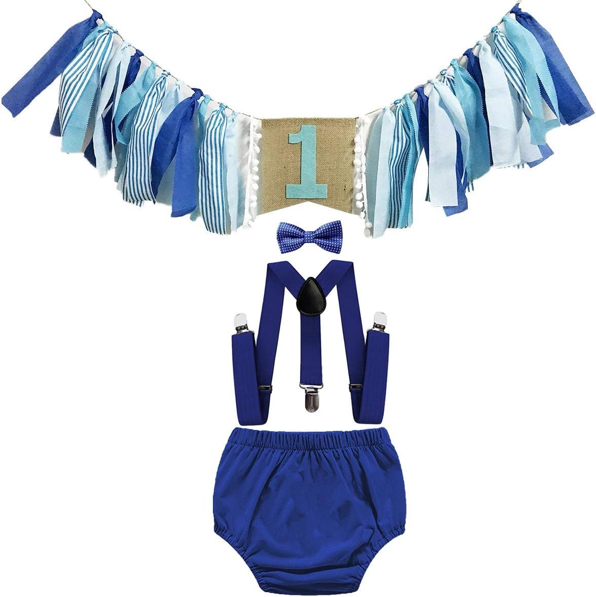 HIHCBFOfishally One Cake Smash Outfit 1st Birthday Costume Diaper Cover Bowtie Suspenders Decorations Kit Highchair Banner