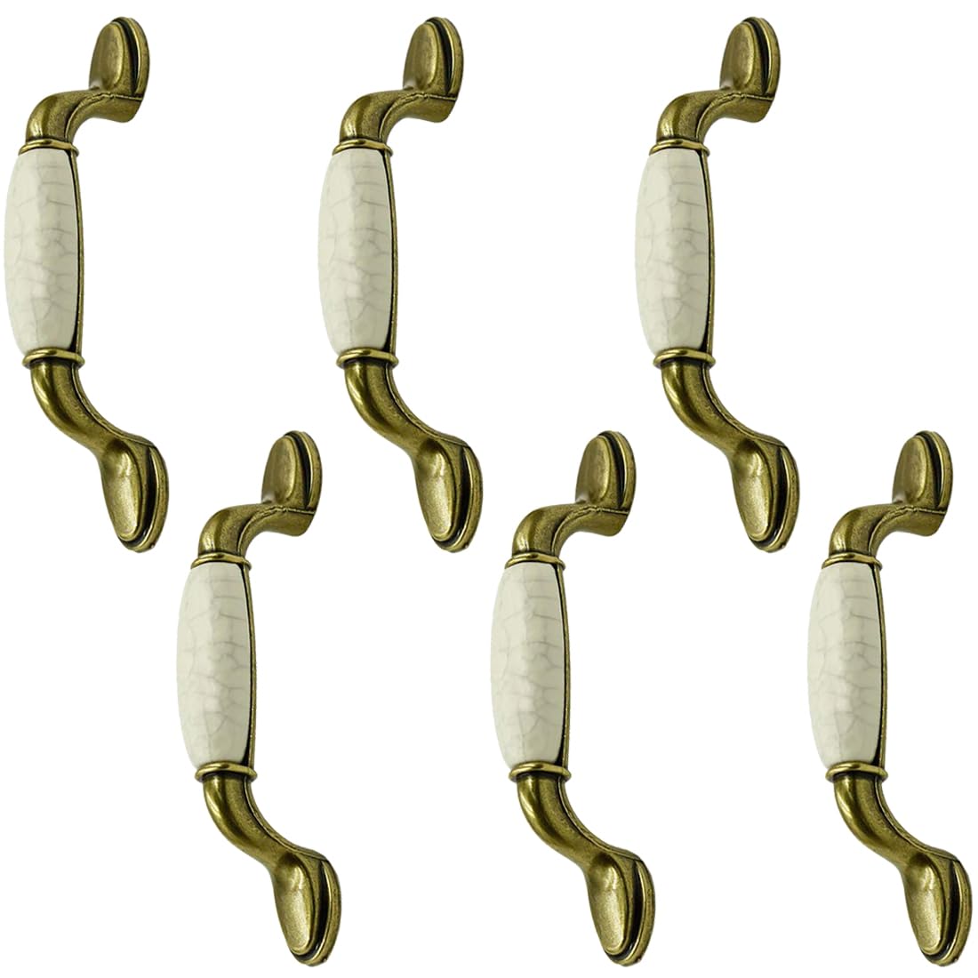 LC LICTOP 5.63 Inch Antique Brass Ceramic Drawer Handles 6Pcs – 3.78 Inch Hole Center Vintage Dresser Pulls, Off White Cracking Pattern Cabinet Knobs for Kitchen Cupboard