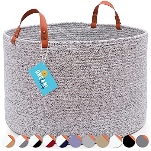OrganiHaus XXL Cotton Rope Extra Large Blanket Basket Living Room Baskets with Leather Handles