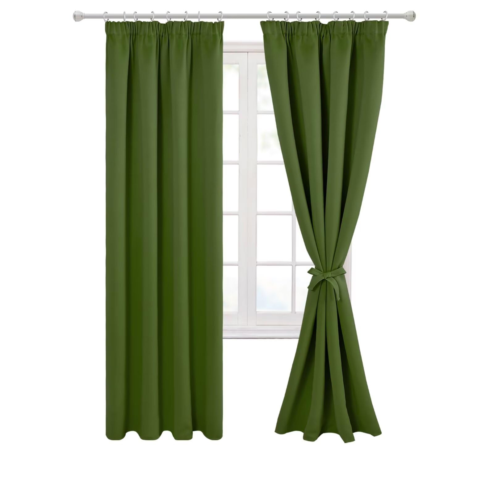 Hiasan Pencil Pleat Blackout Thermal Insulated Curtains, Bedroom and Living Room with Tiebacks, Energy Saving and Noise Reducing, 2 Panels, 46 x 72 Inch, Green