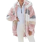 Dokotoo Womens 2025 Winter Fuzzy Fleece Jacket Hooded Color Block Patchwork Cardigan Coats Outerwear with Pockets