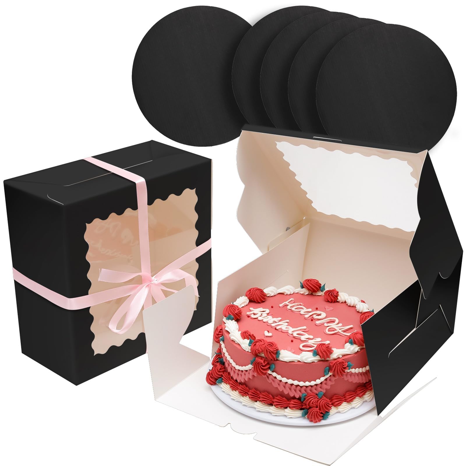 Gcardist 10x10x5 Inch Cake Box, 5 Sets Black Cake Box with Window ＆ 5 Sets 10 Inch Black Cake Round Boards, Cake Containers(25.4x25.4x13cm)