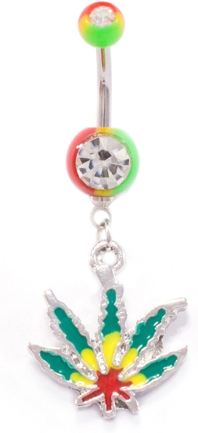 Marijuana Pot Leaf Belly Button Ring 14G 3/8" Bar Surgical