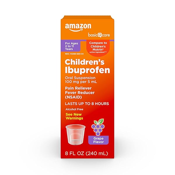AMAZON BASIC CARE CHILDREN’S IBUPROFEN ORAL SUSPENSION 100 MG PER 5 ML, PAIN RELIEVER AND FEVER REDUCER, GRAPE FLAVOR, FOR MINOR ACHES, SORE THROAT, HEADACHE RELIEF AND MORE, 8 FL OZ (PACK OF 1)