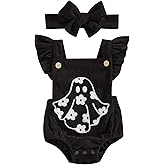 Muasaaluxi Newborn Baby Girl Halloween Outfit Ruffle Fly Sleeve Ghost Embroidery Romper Corduroy Bodysuit Headband 0-18M