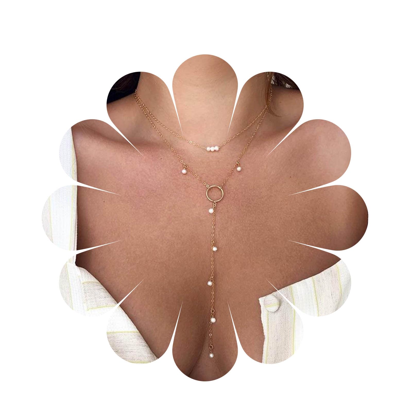 Aneneiceera Boho Layered Circle Pearl Necklace Lariat Tiny Pearl Choker Gold Y Necklace Bead Pendant Multilayer Necklace Drop Chain Wedding Jewelry Long Necklaces for Women