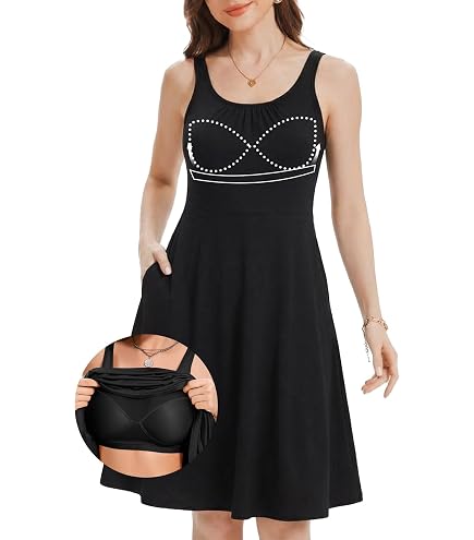 ANYFITTING Built in Bra Summer Dresses for Women Casual Loose Fit Sleeveless Short Dress with Pockets Mini Beach Vacation Sundress 2026 Black Orange at Amazon Women's Clothing store