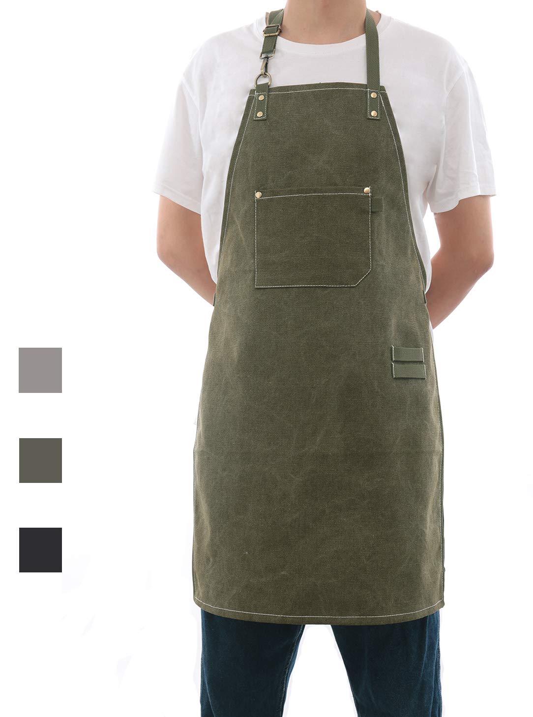 Pincy Canvas Apron Heavy-Duty 16 oz Work Apron, Metal Hardware Reinforcement Chef Apron with Extra Long Straps Adjustable M–XXL (Olive)