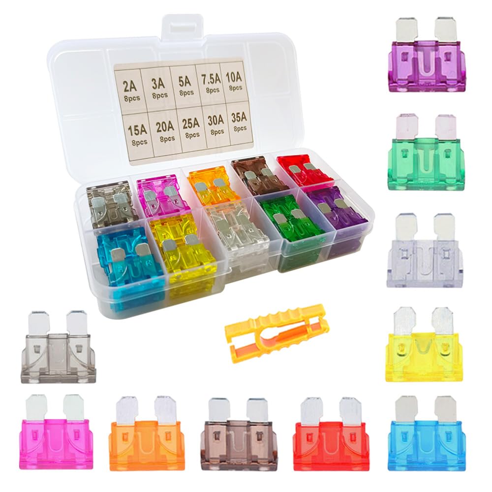 Aiqeer 80 Pcs Standard Car Blade Fuses Set, Replacement Fuses with Fuse Puller (2A / 3A / 5A / 7.5A / 10A / 15A / 20A / 25A / 30A / 35A)
